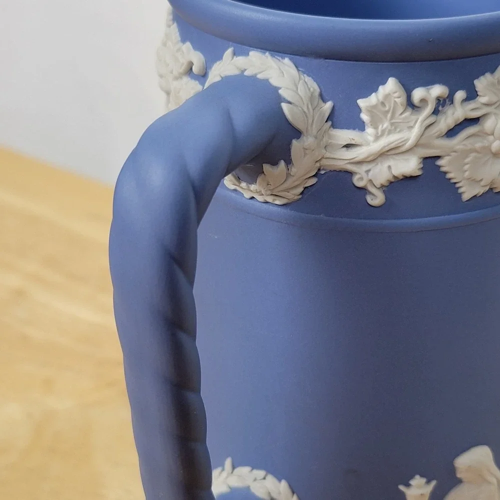 Vintage Royal Doulton Jasperware Style Blue Pitcher Trojan Jug Grapevine England